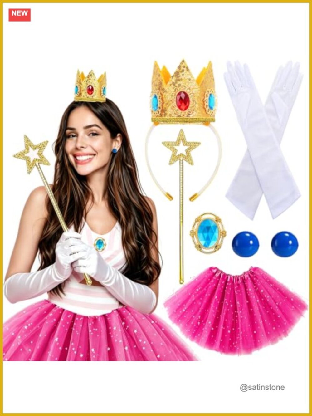 Women Princess Costume Set 4-Layer Tulle Tutu Skirt Crown Wand Gloves 6 Pc